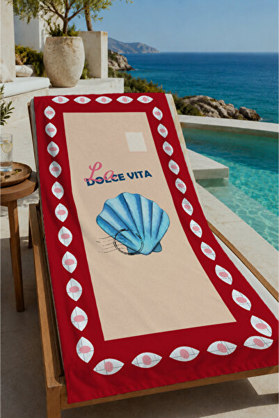 Evmila Red Framed Blue Seashell Dolce Vita Patterned 70X150 Beach Towel - Dig...