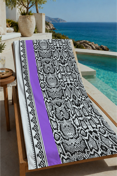 Evmila Black and White Ethnic Patterned 70X150 Beach Towel with Purple Stripe...