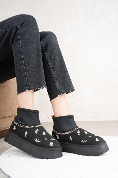 AYAKKABİSEPETİ Black Suede Stretch with Dense Wool Inside, Embroidered Women'...