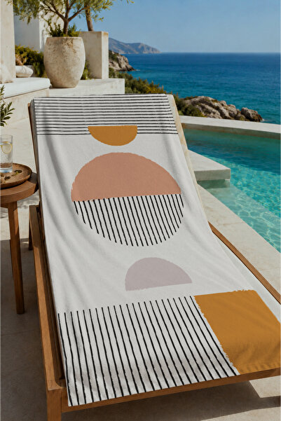 Evmila Beige Black Geometric Circle Patterned 70X150 Beach Towel - Digital Pr...