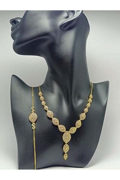 Hilal Koleksiyon Markiz Kesim Taş Detaylı Kolye Bileklik Seti (Gold Tone)