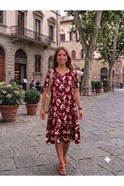 AYASOFYA OTANTIK Women's V-Neck Patterned Half Sleeve Dress with Pockets