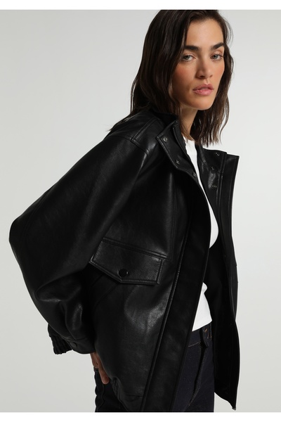 Colin's Regular Fit High Neck Zippered Lined Closure Women's Black Coat Pu