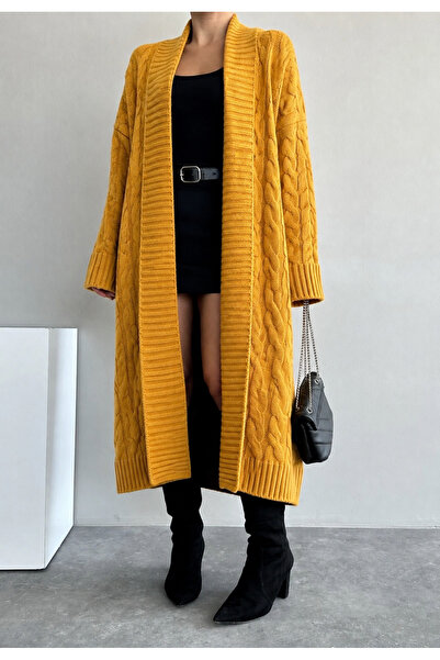 TOFAN TRİKO Hairbraid Patterned Long Knitted Cardigan - Mustard