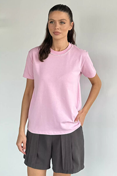 Aryena Pink Women's T-Shirt with Stone Detail on the Collar