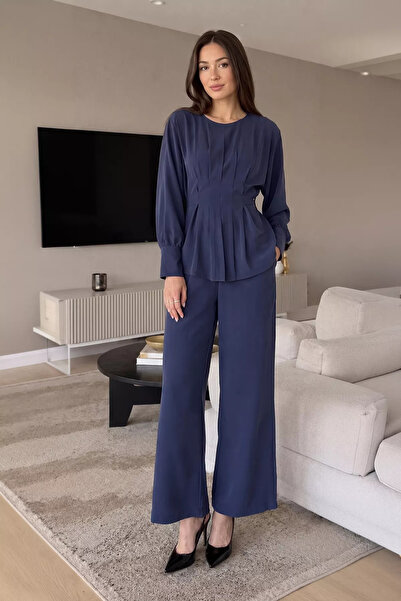 Aryena Navy Blue Women's Pleated Belted Blouse and Elastic Waist Pants Two-Pi...