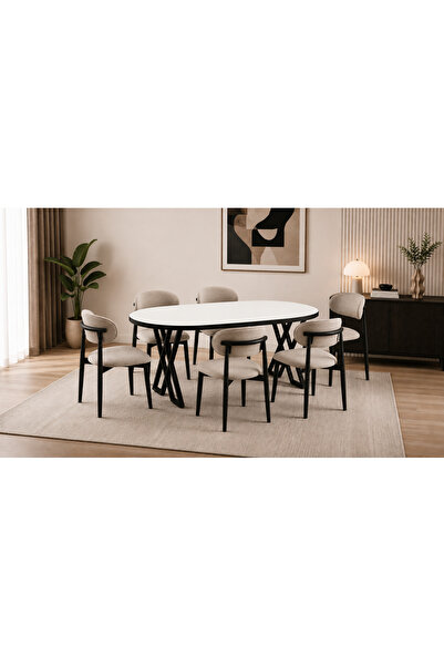 AVVİO Luna Serisi 80x160 cm 6 Kişilik MDF Oval Yemek Masası Mutfak Masası Tak...