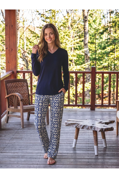 Olivera Navy Blue Color Patterned Women's Pajama Set