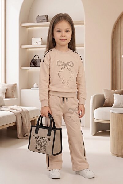 NEWKİDS Girls' Set Children's Long Sleeve Stone-Bow Beige Detail Full Fit