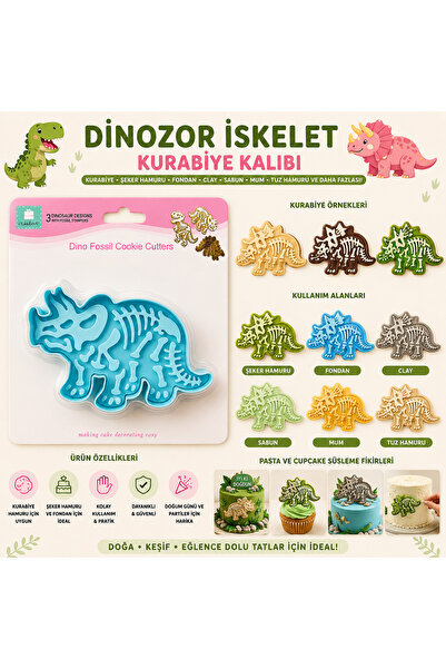 pratikpastacılık Dinosaur Skeleton Cookie Mold – 3D Fossil Patterned Dinosaur...