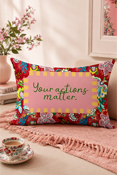 ASDİVA Carnival-5 Red Floral Patterned and Written Modern Outdoor Throw Pillo...