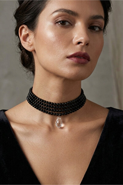 bb bridal boutique Glass Black Pearl Choker Necklace, Transparent Stone Choke...