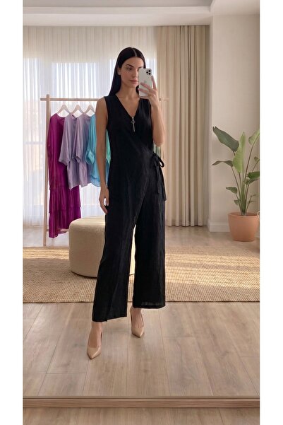 Juste Boutique Siyah V Yaka Fermuar Detayli Kolsuz Keten Tulum