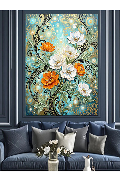 Artmeg Pânză decorativă cu model floral pe fundal turcoaz - Tablou din lemn MDF