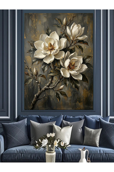 Artmeg Pânză decorativă cu flori de magnolie albă pe ramură - Masă din lemn MDF