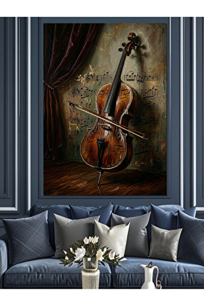 Artmeg Pânză decorativă cu violoncel pe fundal cu note muzicale - Masă din le...