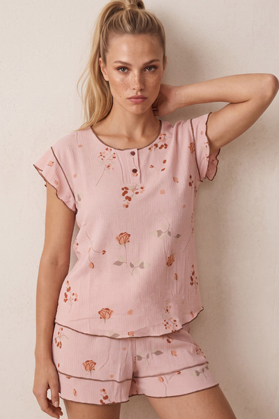 Siyah İnci Powder Flower Patterned Bürümcük-Krınkıl Shorts Pajama Set 26120175