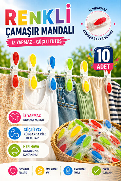 BEYZANA 10 Adet Silikon Mandal | Çamaşır Mandalı | İz Yapmaz Mandal | Yaylı M...