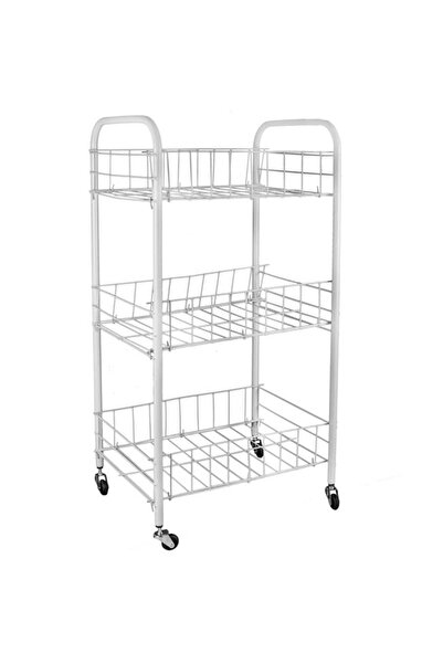 victiny White Metal Shelf with Wheels & 3 Levels 34 x 26 x 70 cm