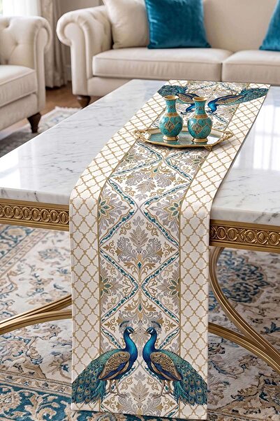 Cango Home Blue Peacock Patterned Digital Printed Runner 4Kmbs342-Rn