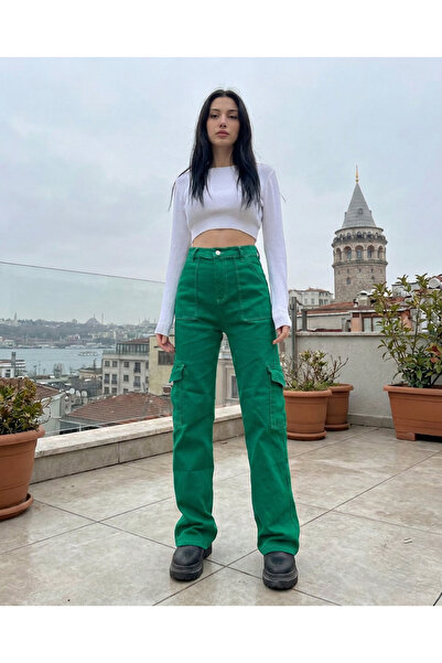harmony factory Green Cargo Pocket High Waist Wide Leg Loose-Fit Jeans