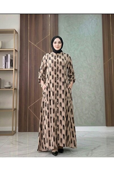MİSMOLY Patterned Daily Hijab Dress with Buttons and Pockets