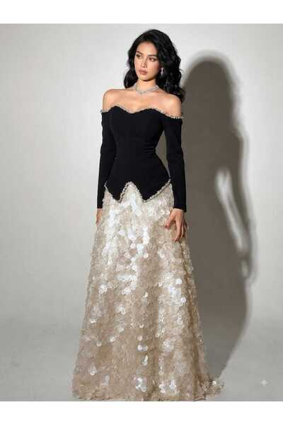 Ayaen Black Off-The-Shoulder Dress with Long White Skirt and Sparkling Sequins.