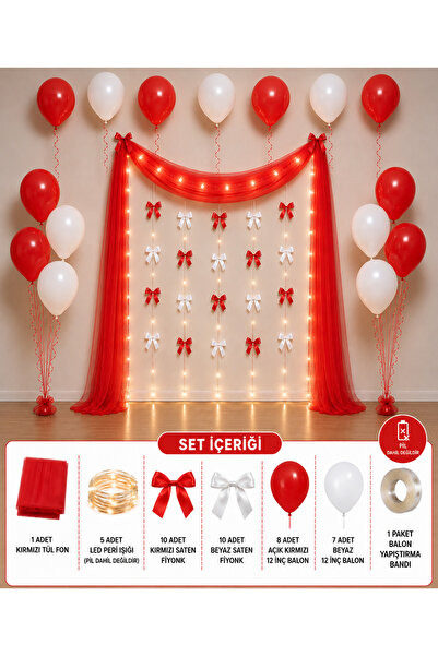 HAPPYLOOPPARTY Kırmızı Beyaz Tül Fonlu Doğum Günü Süsleme Seti 15 Balonlu Led...