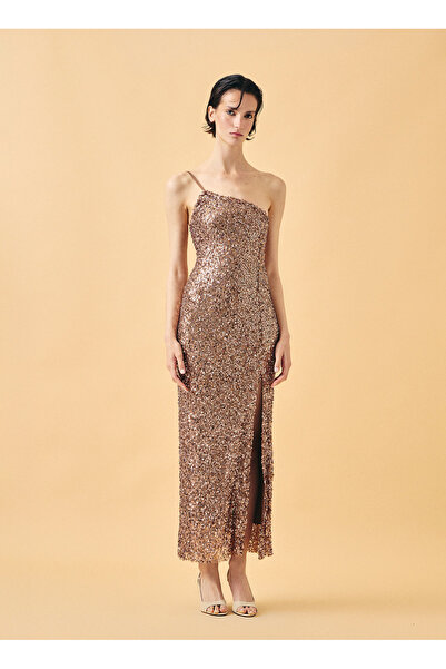happy to wear Kahverengi Kadın Tek Omuz Regular Fit Elbise Hidden-Bronz