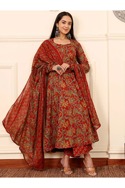 MYSMAR Red Cotton Salwar Kameez Dupatta - ALV2054-Red-Size:2XL-44-Inches