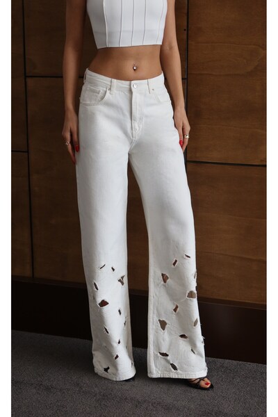 Moda Days Pantaloni din denim de bumbac cu picior larg, cu broderie ecru și d...