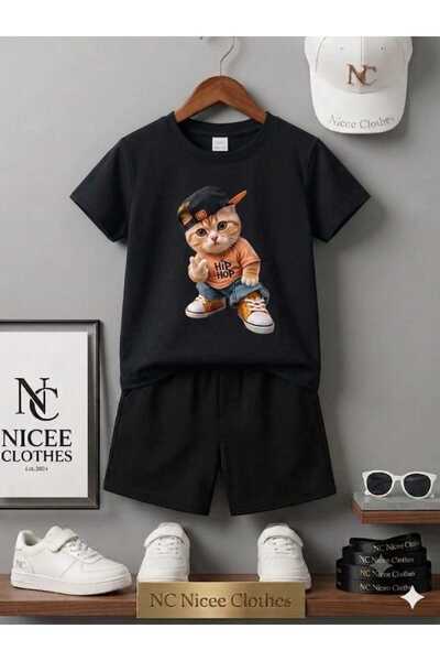Leto Lykia Summer Children's T-Shirt Shorts Unisex (Hip Hop Cat Printed)