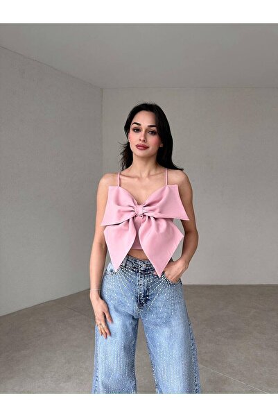 Clothes Fast Women's Powder Bowknot Thin Strap V-Neck Satin Look Crop Blouse