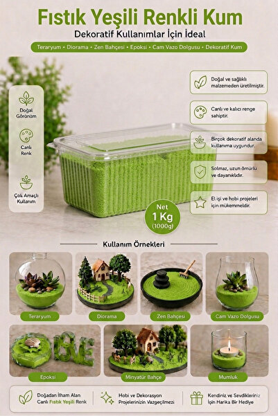 mh toy studio Fıstık Yeşili Renkli Kum 1 Kg Teraryum Diorama Maket Minyatür B...