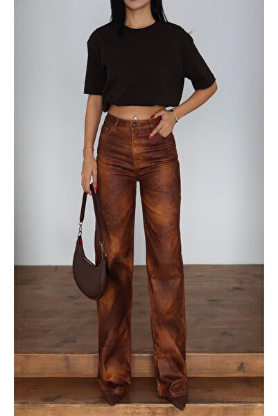 Clothes Fast Women's Light Brown High Waist Wide Leg Washed Denim Long Jean P...