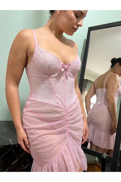 Kadın Pudra Pembe Dantel Detaylı Fiyonklu Tül Babydoll Gecelik