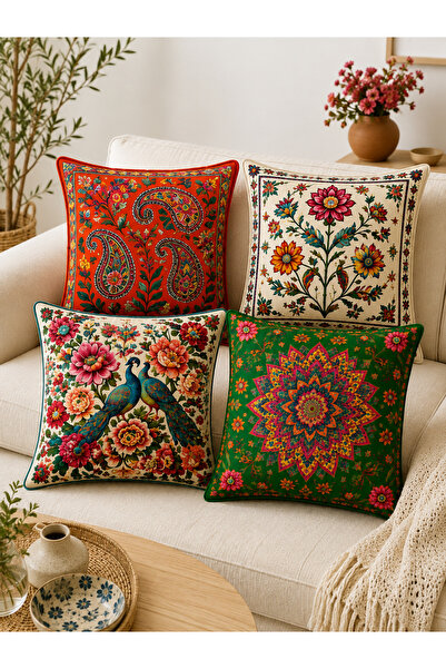 ayshome textile Ays Home Etnik Çiçek Desenli ÇİFT TARAFLI 4'Lü Kırlent Kılıfı Seti
