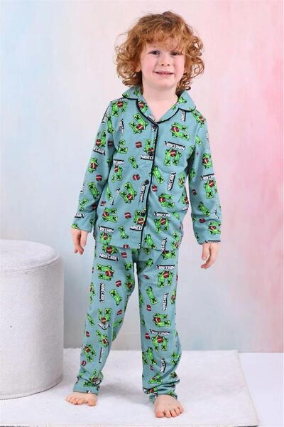 LUFFY KİDS Boy's Patterned Front Buttoned Long Sleeve Pajama Set 9049
