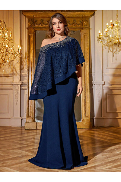 SUPGIR Plus Size Nave Blue Beaded Shoulder Mermaid Maxi Dress