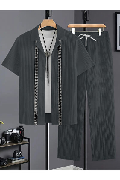 Take Two By Styli Men Plus Size Patterned Panel Shirt and Pants Co-ord Set