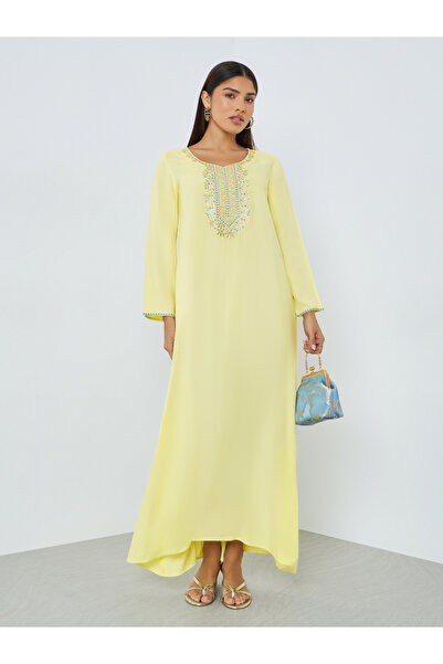 Amirah By Styli Yellow Jalabiya with Embroidery