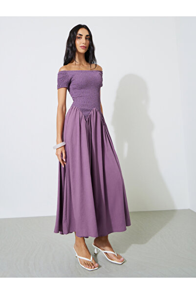 Styli Purple Solid Off-Shoulder Ruched A-Line Maxi Dress