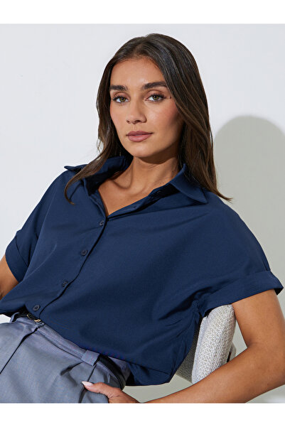 Styli Dark Blue Solid Short Cap Sleeve Shirt