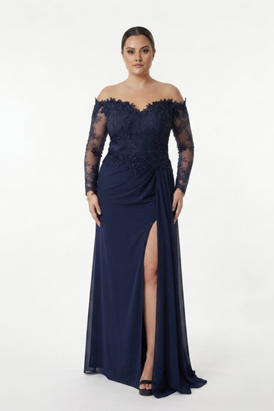 ÖMÜR INN Women's Plus Size Boat Neck Lace Sleeves Long Evening Dress 6639 Nav...