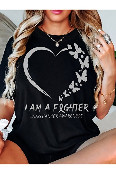 Generic Brand Heart Butterflies I AM A FIGHTER Lung Cancer Awareness,short sl...