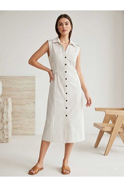 GİYİYORUM Women's Shirt Collar Sleeveless Buttoned Midi Dress