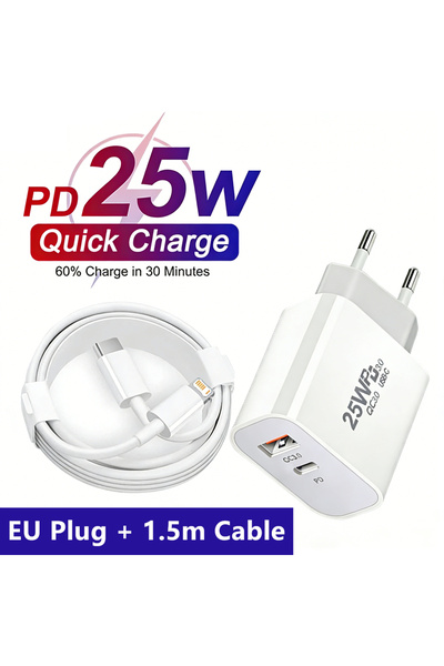 Choice1 EU Plug - 1.5m Cable 25W PD USB A+C EU Fast Charger For iPhone 11 12 ...