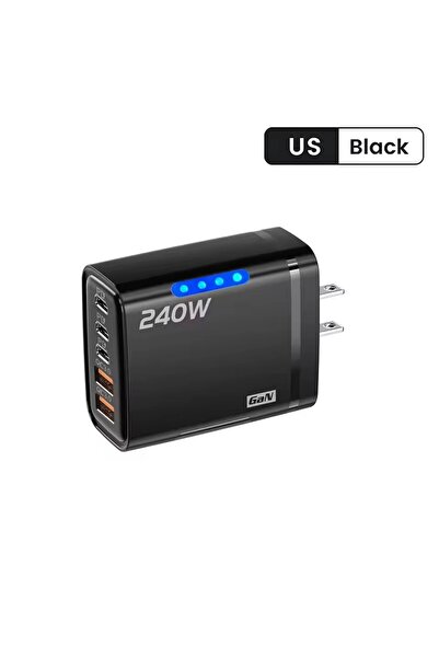 Choice3 Black-US 240w Gan Fast Charger With Led Light 2usb+3type-C 5 In 1 Mul...