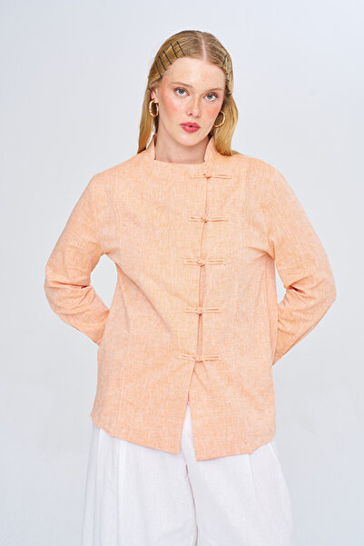 Orfeo Negro Women's Chinese Collar Crossed Buttoned Long Sleeve Shirt