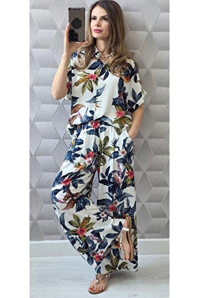 MAXORA SHOP Compleu cu imprimeu exotic din vascoza - Albastru